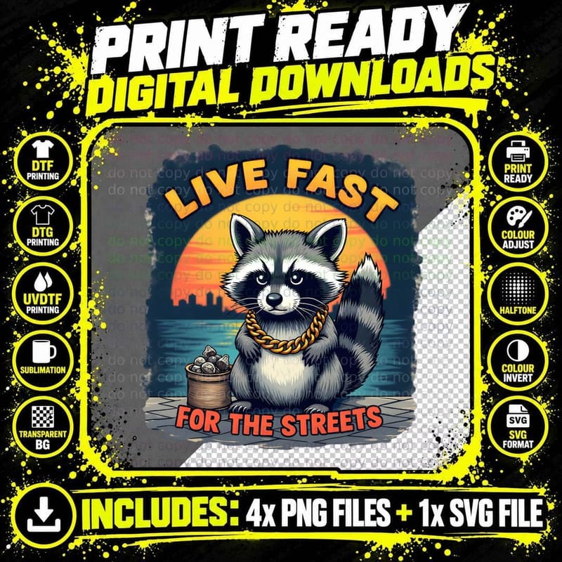 Live Fast Eat Trash Funny Raccoon Meme Sarcastic Gen Z Png SVG Digital Bundle