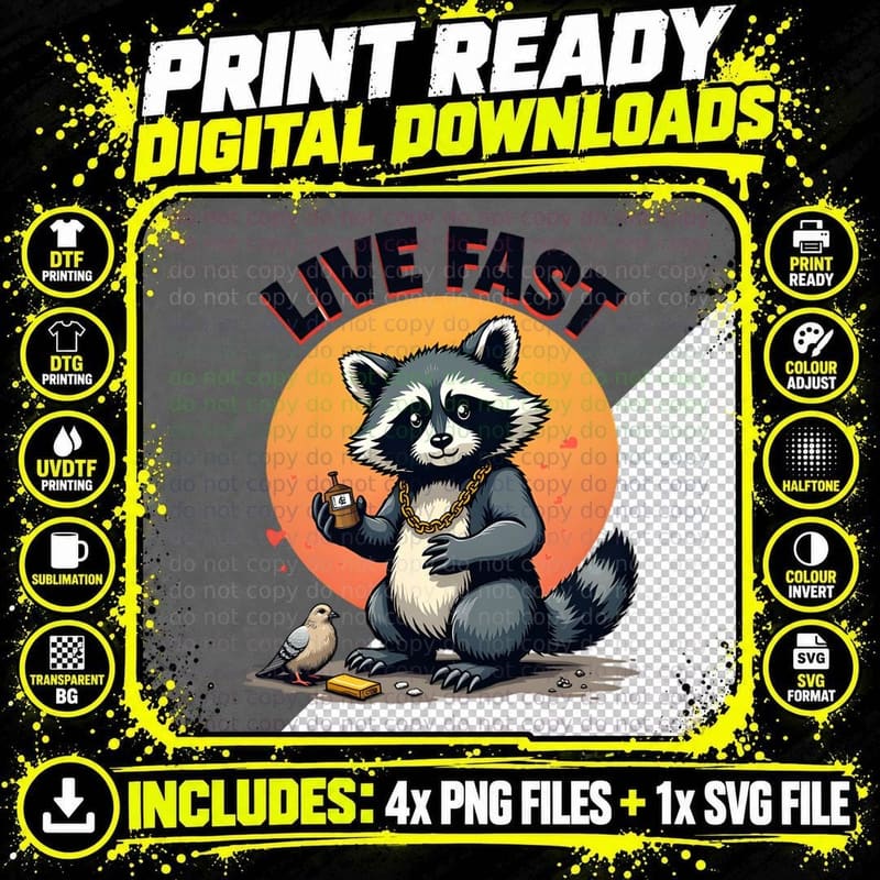 Live Fast Eat Trash Funny Sarcastic Gen Z Raccoon Meme Png SVG Digital Bundle