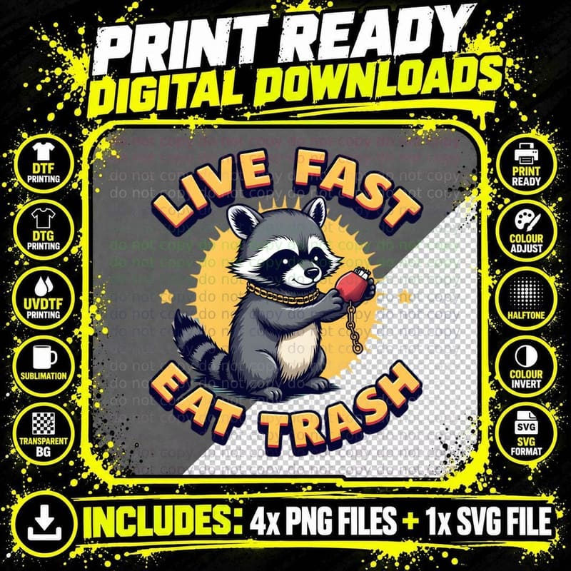 Live Fast Eat Trash Retro Funny Raccoon Meme Sarcastic Png SVG Digital Bundle