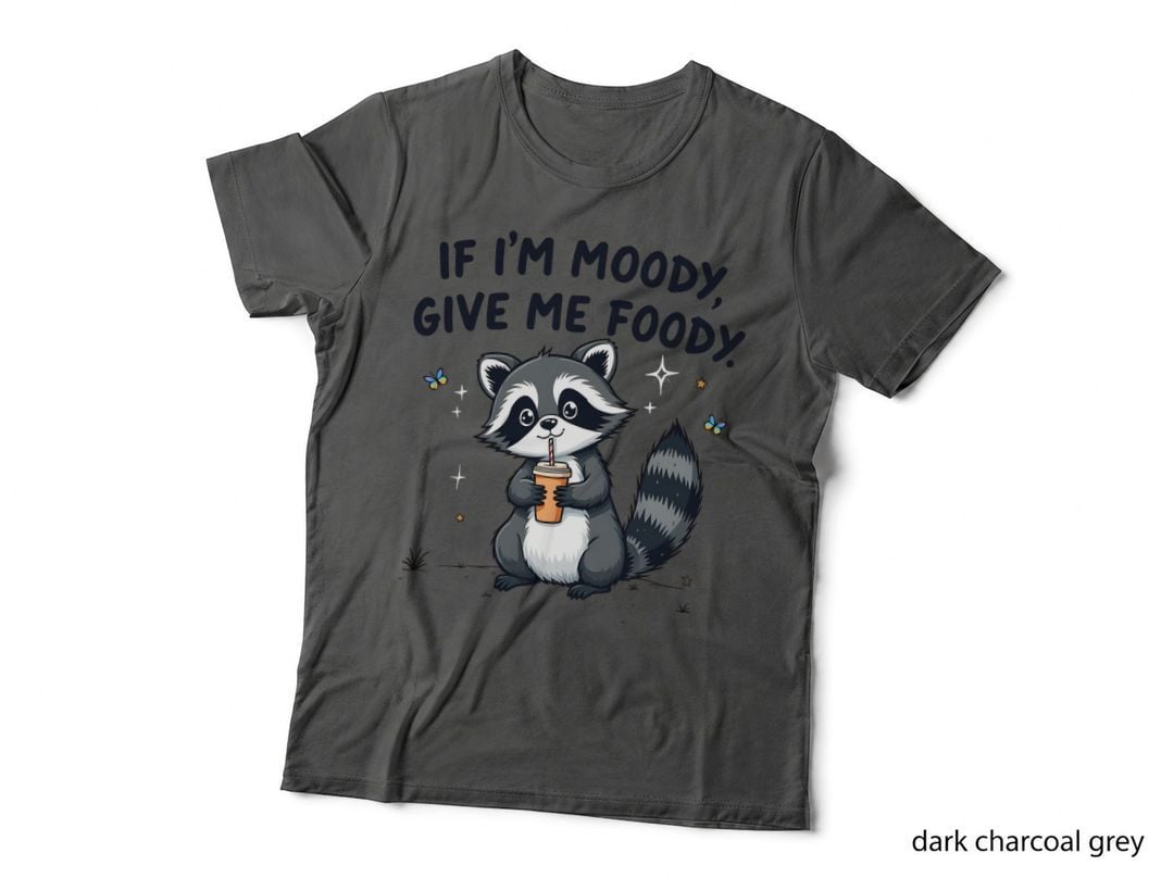 Moody Foody Raccoon Holding Disposable Cup Funny Cute Black White T-Shirt
