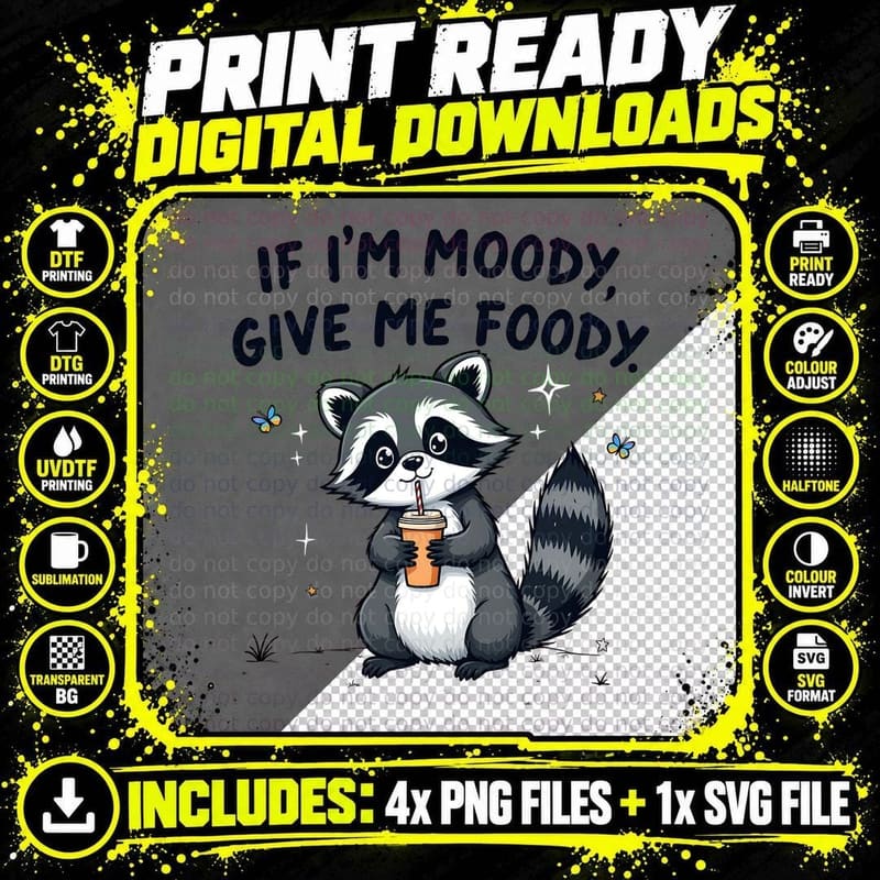 Moody Foody Raccoon Holding Disposable Cup Funny Cute Png SVG Digital Bundle
