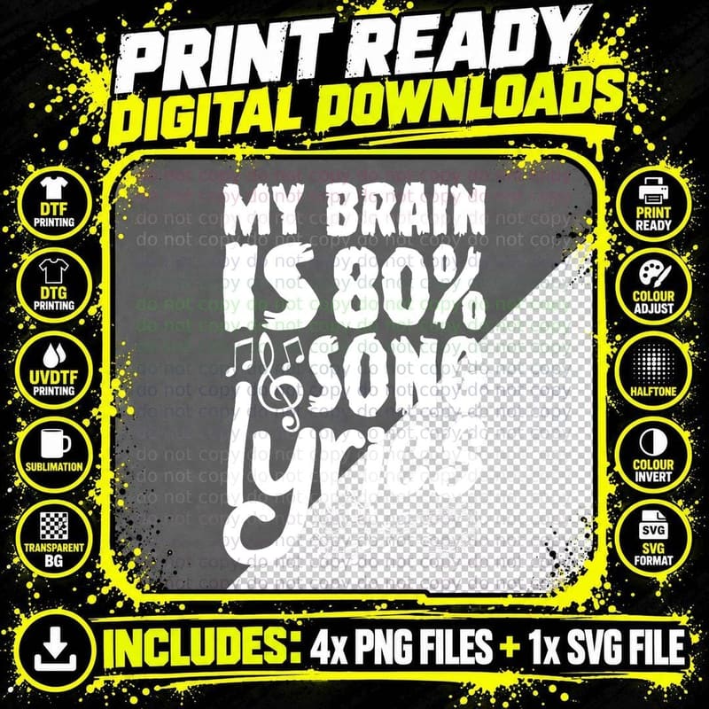 My Brain Is 80 Song Lyrics, Funny Music Lovers Sayings Png SVG Digital Bundle