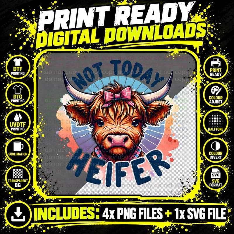 Not Today Heifer, Retro Vintage, Funny Aesthetic Png SVG Digital Bundle