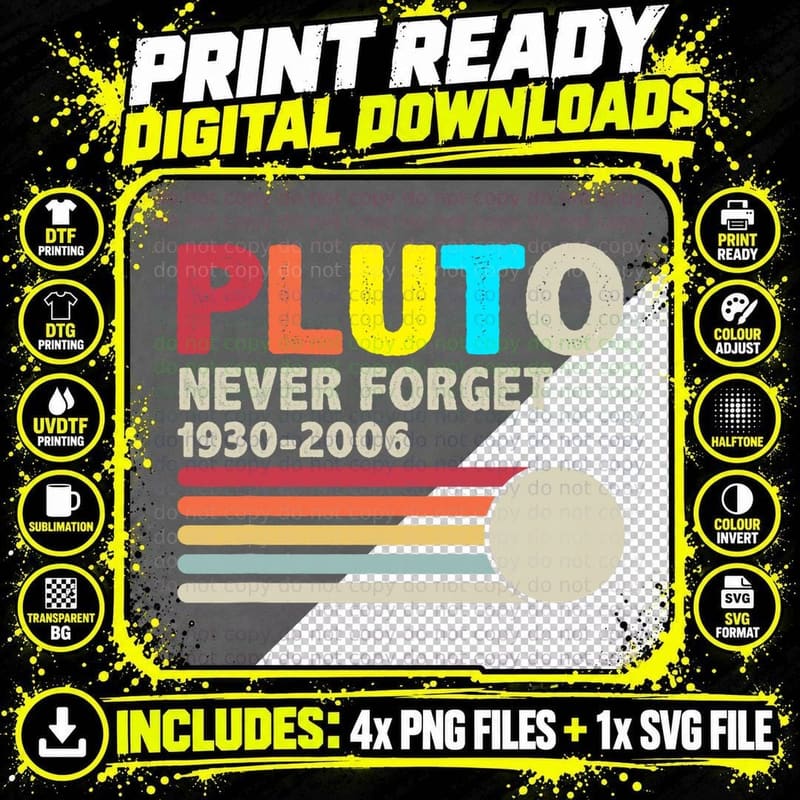 PLUTO NEVER Forget Retro Style Funny Space Png SVG Digital Bundle