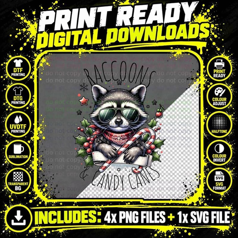 Raccoons and Candy Canes, Funny Aesthetic, Everyday Wear Png SVG Digital Bundle