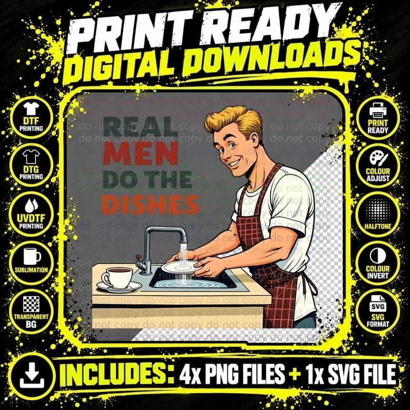 Real Men Do the Dishes Retro Cartoon Funny Kitchen Png SVG Digital Bundle