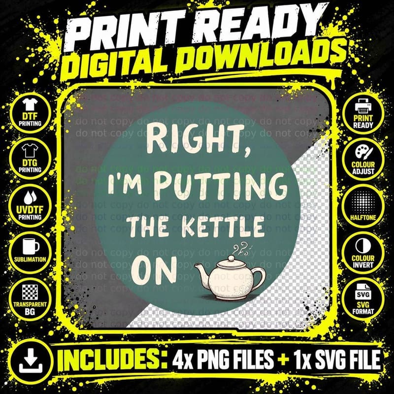 Right, I'm Putting the Kettle on Shirt T-Shirt Png SVG Digital Bundle