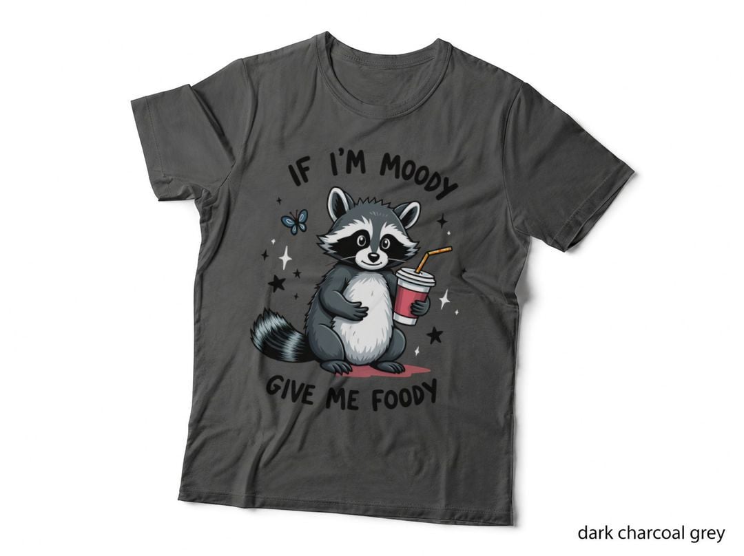 Sarcastic If I'm Moody Give Me Foody Raccoon Humor Hand Drawn Script T-Shirt