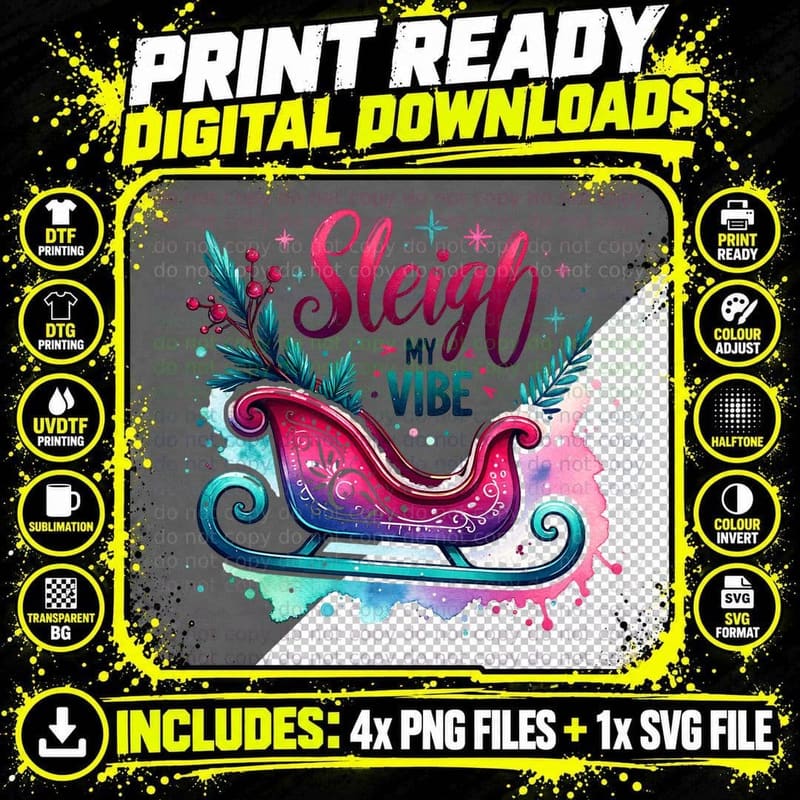 Sleigh My Vibe, Vintage Retro, Funny, Aesthetic Png SVG Digital Bundle