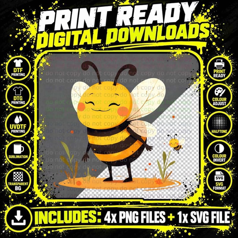 Smiling Bee with Rosy Cheeks Wings and Hearts Funny Png SVG Digital Bundle