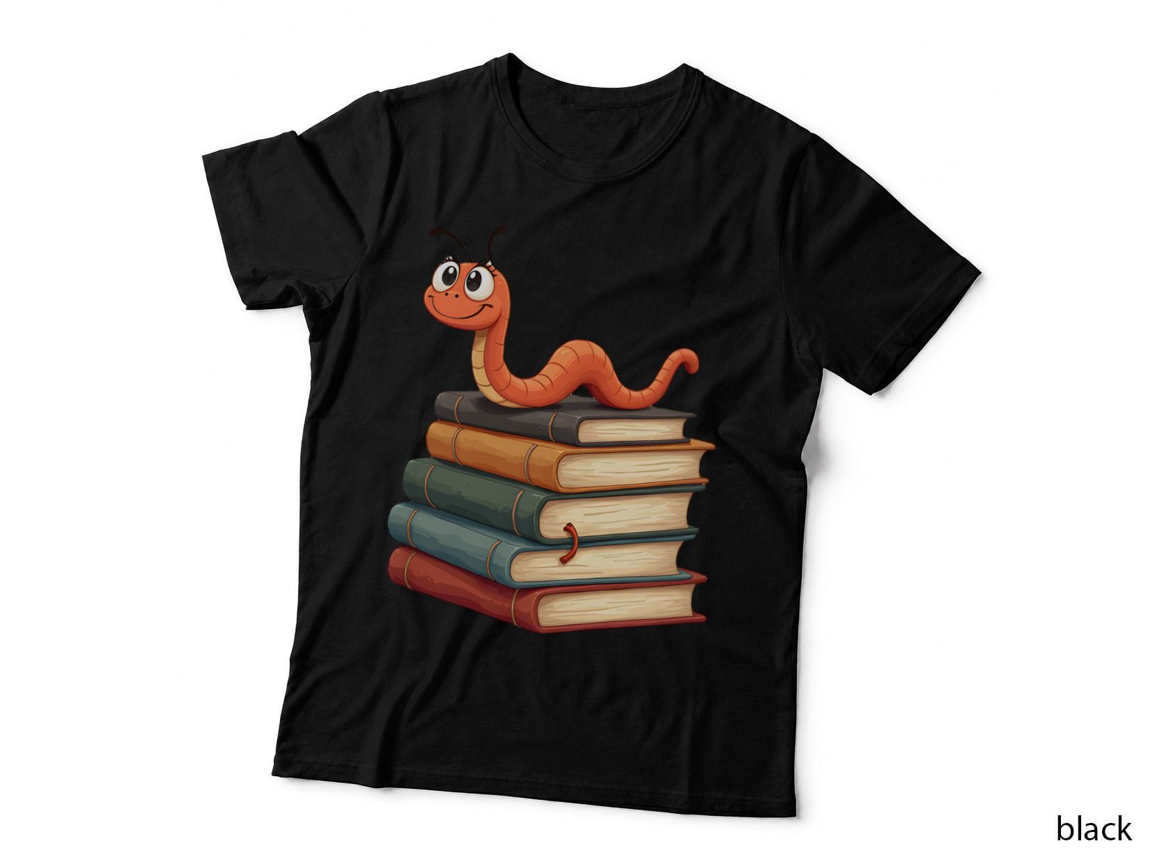 Smiling Worm Reading on Books Stack Book Lover Funny Cartoon T-Shirt