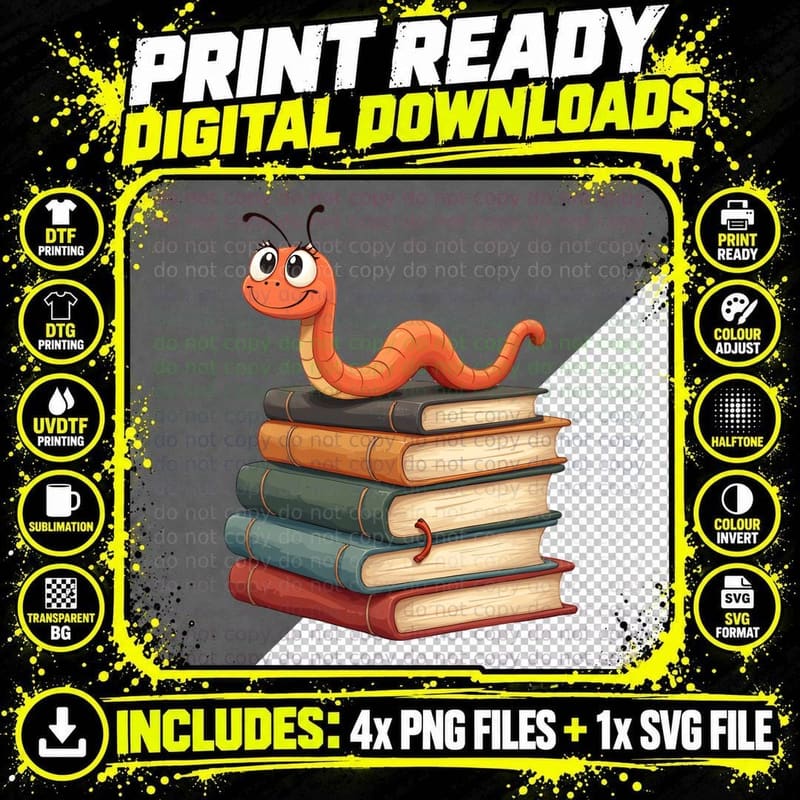 Smiling Worm Reading on Books Stack Book Lover Funny Png SVG Digital Bundle
