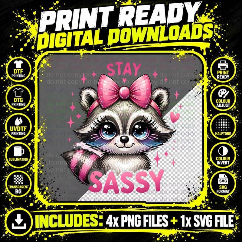 Stay Sassy Raccoon with Pink Bow Funny Animal Lover Gift Png SVG Digital Bundle
