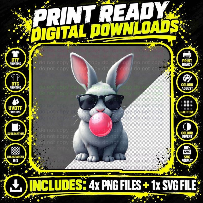 Stylish Rabbit Sunglasses Pink Gum Bubble Velvety Png SVG Digital Bundle