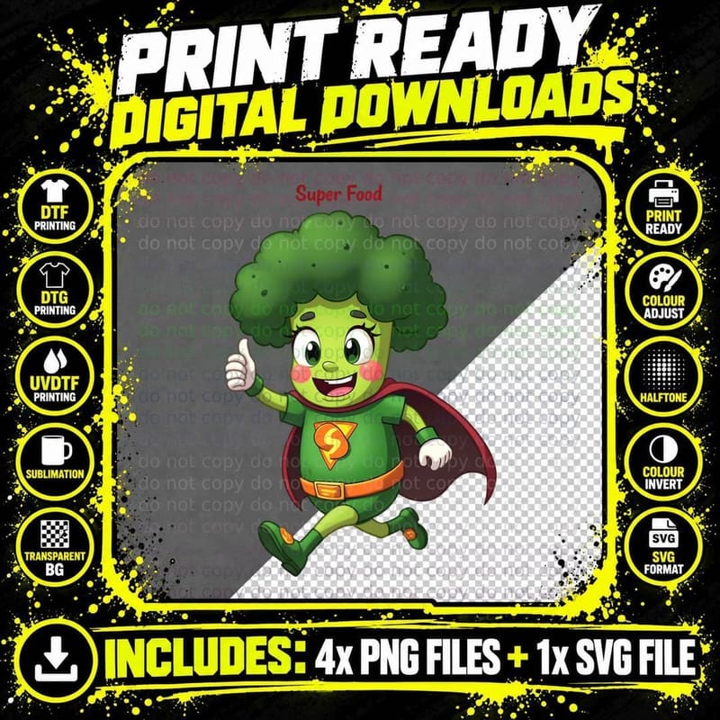 Super Food Broccoli Superhero Funny Healthy Eating Gift Png SVG Digital Bundle