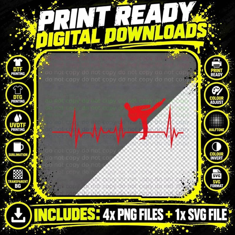 Taekwondo Heartbeat Humor Graphic Print Martial Arts Png SVG Digital Bundle