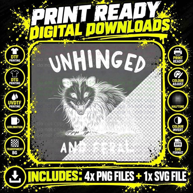 Unhinged and Feral Opossum, Funny Animal Humor Gift Png SVG Digital Bundle