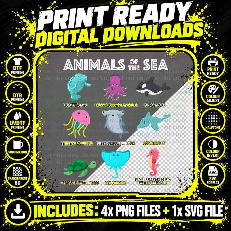 Animals of the World Sea Creatures Funny Ocean Humor Png SVG Digital Bundle