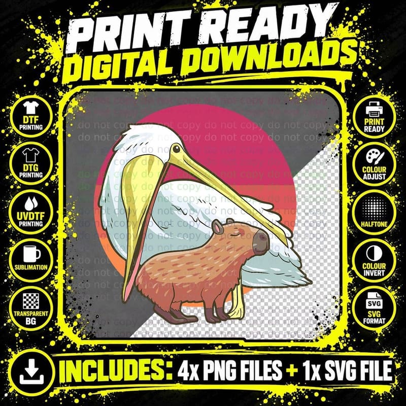 Capybara Gifts, Pelican Tries to Eat Capybara Png SVG Digital Bundle