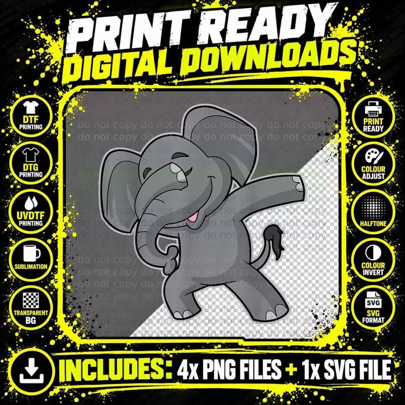 Dabbing Elephant Dab Dance Funny Cute T-Shirt Png SVG Digital Bundle