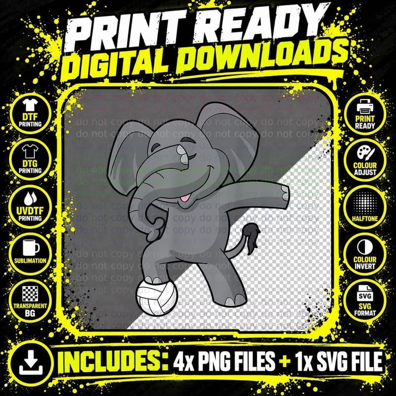 Dabbing Volleyball Elephant Sports Cute Funny Humor Png SVG Digital Bundle