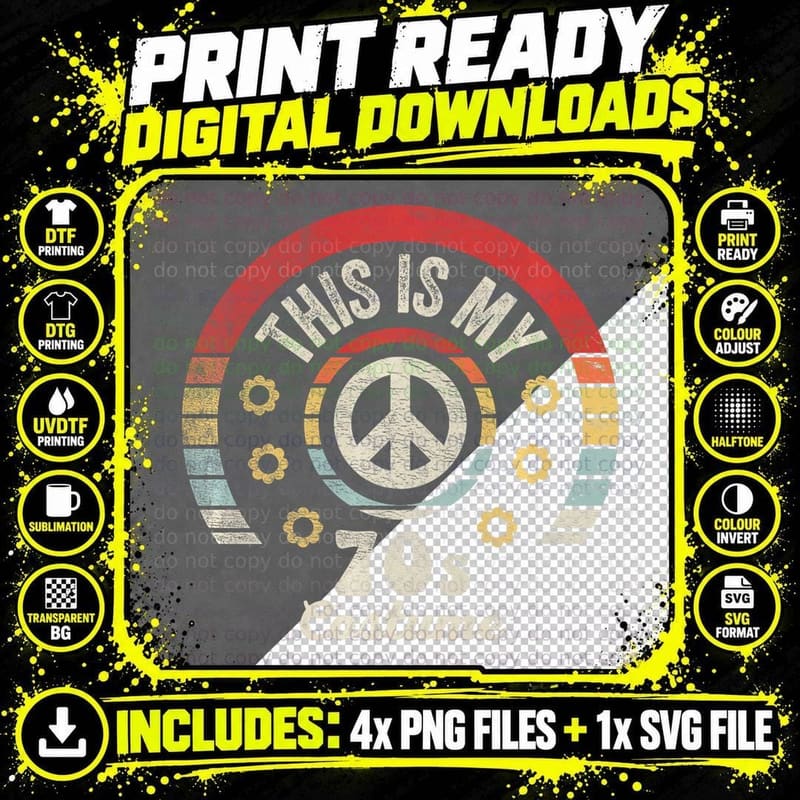 Disco Retro This Is My 70s Costume Funny Groovy Peace Png SVG Digital Bundle