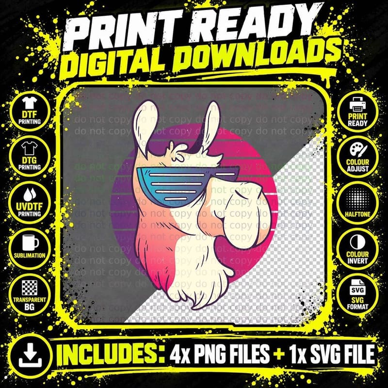 Funny Alpaca with Sunglasses, Alpaca Llama Motif - Llama Png SVG Digital Bundle
