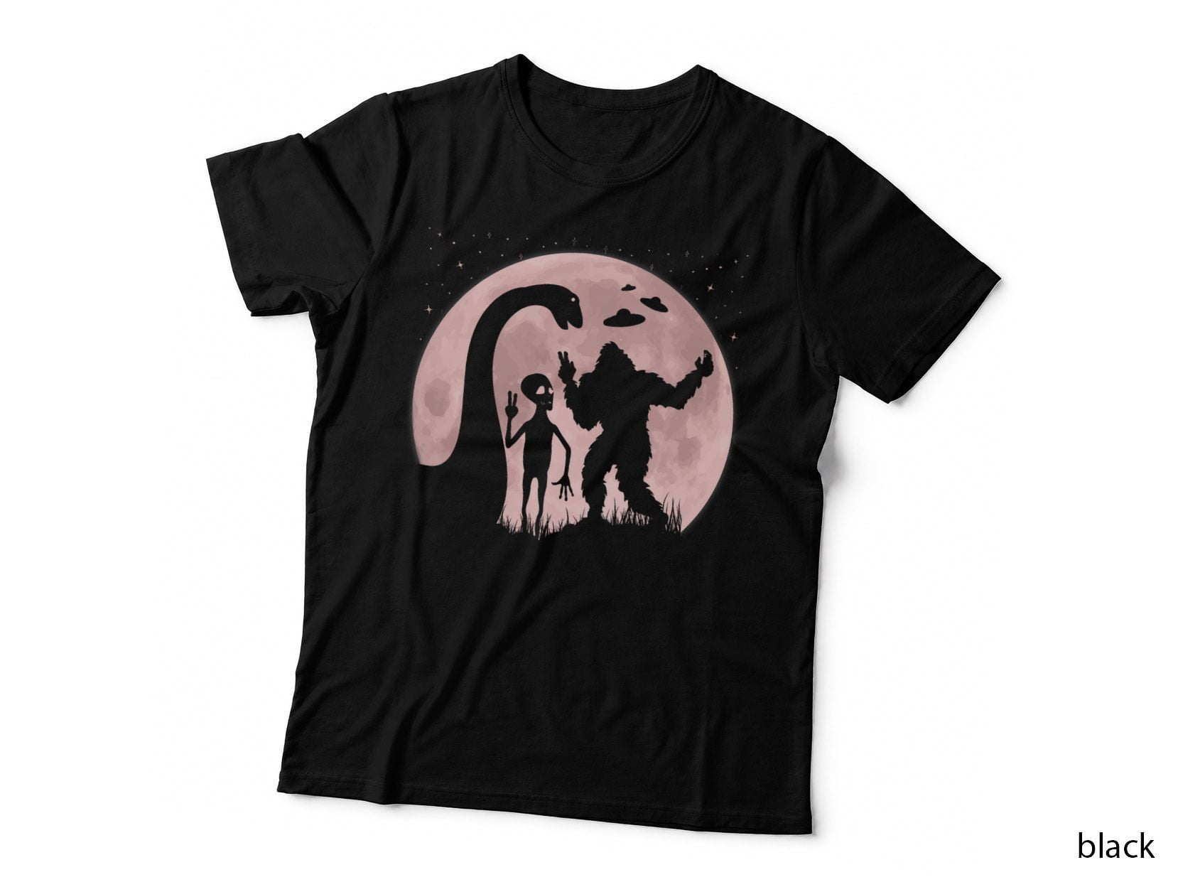 Funny Bigfoot Loch Ness Monster Alien Take Selfies Moon Ufos T-Shirt