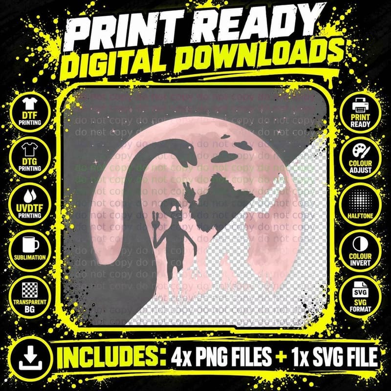 Funny Bigfoot Loch Ness Monster Alien Take Selfies Moon Png SVG Digital Bundle