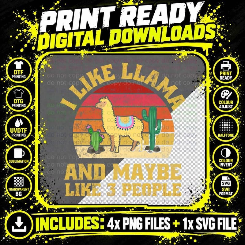 Funny Farm Animal Llama Alpaca Lover Vintage Retro Png SVG Digital Bundle