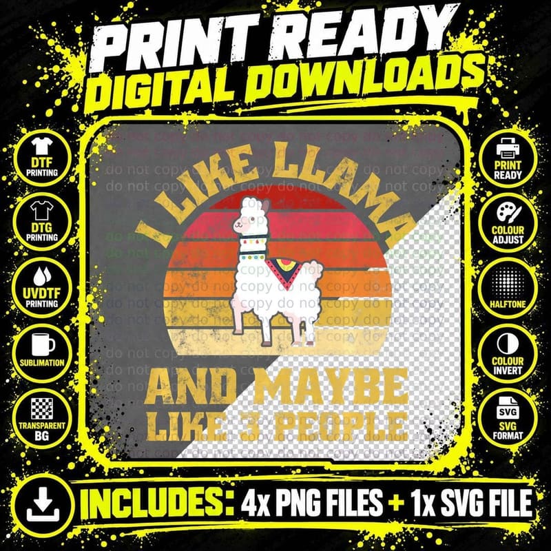 Funny Farm Animal Llama Alpaca Lover Vintage Retro Png SVG Digital Bundle