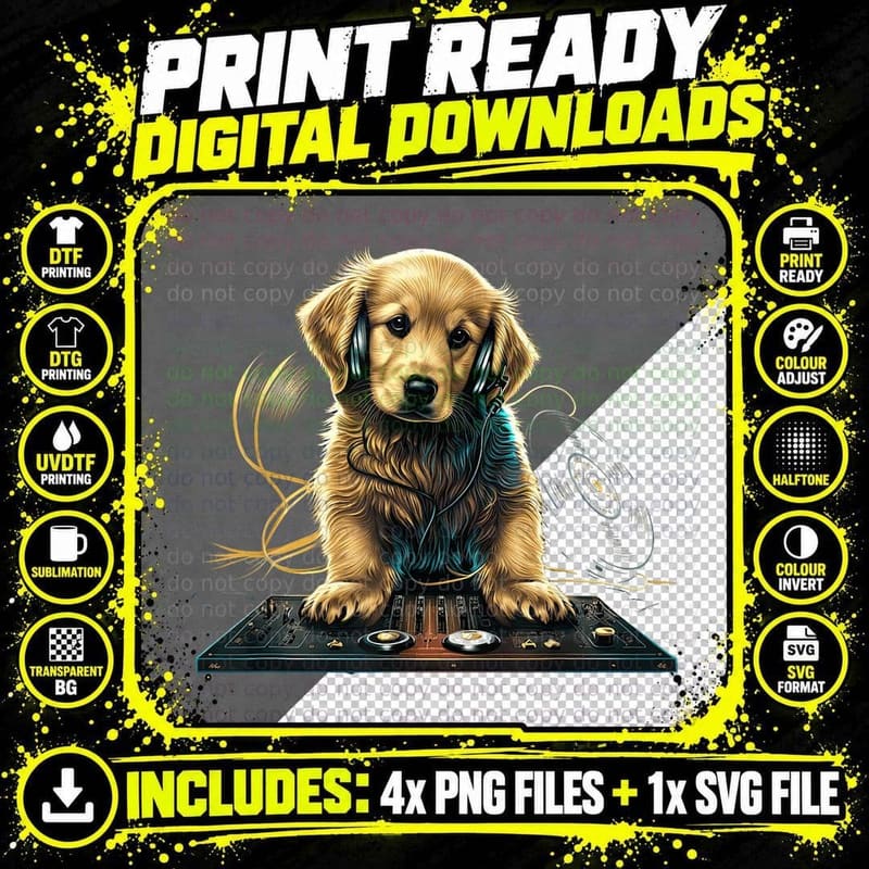 Funny Golden Retriever DJ Music Electronic T-Shirt Png SVG Digital Bundle