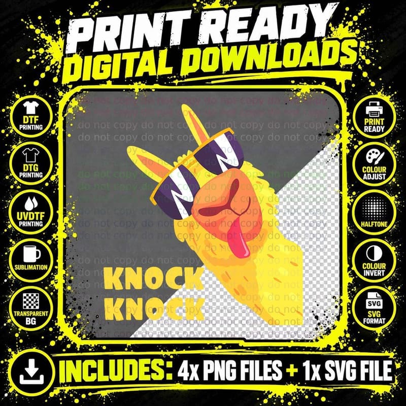 Funny Llama Knock Knock Joke Llama with Sunglasses Png SVG Digital Bundle
