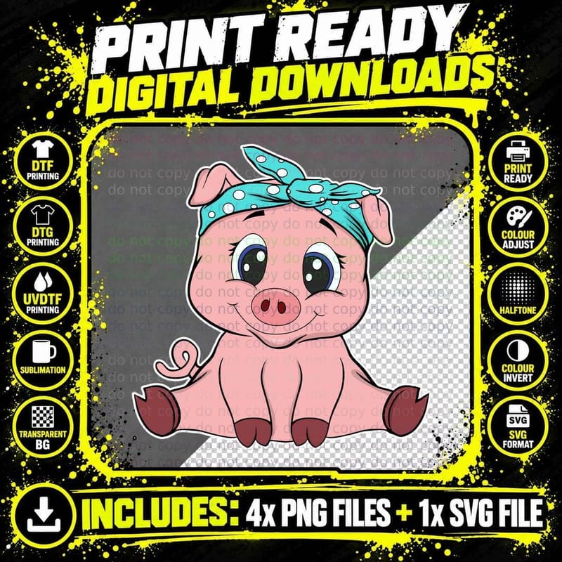 Funny Pig Bandana Hoodie Cute Little Piggy Lovers Gift Png SVG Digital Bundle
