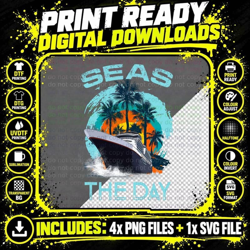 Funny Seas the Day for Cruise Ship Vacation Travelers Png SVG Digital Bundle