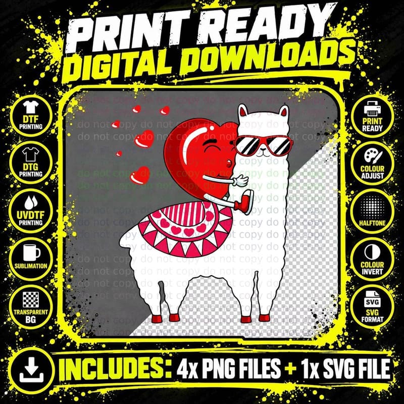 Heart Riding Llama Valentines Day Funny Alpaca Animal Png SVG Digital Bundle
