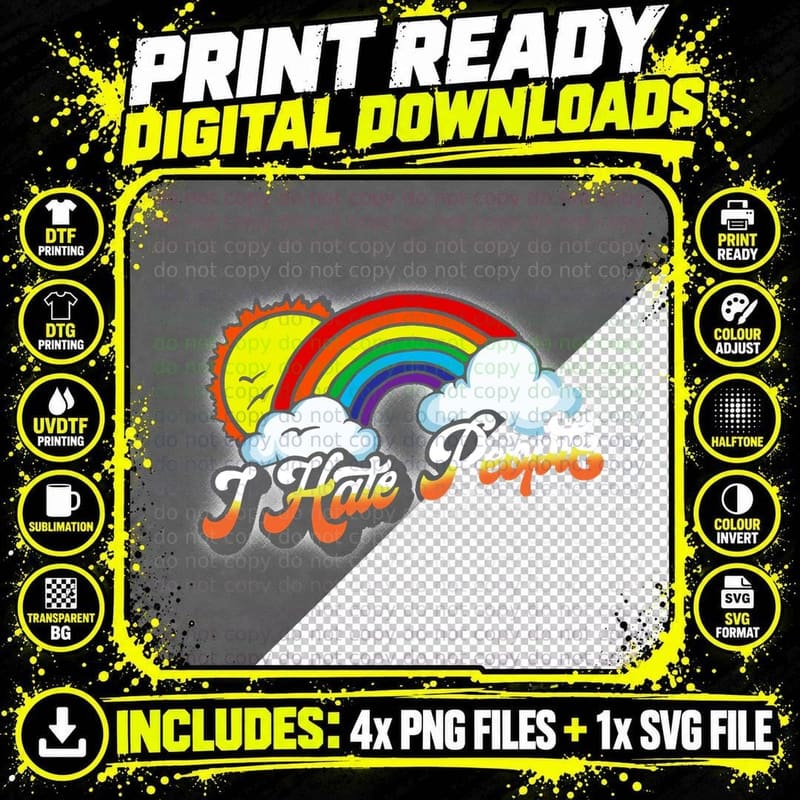 I Hate People Funny Antisocial Introvert Vintage Rainbow Png SVG Digital Bundle