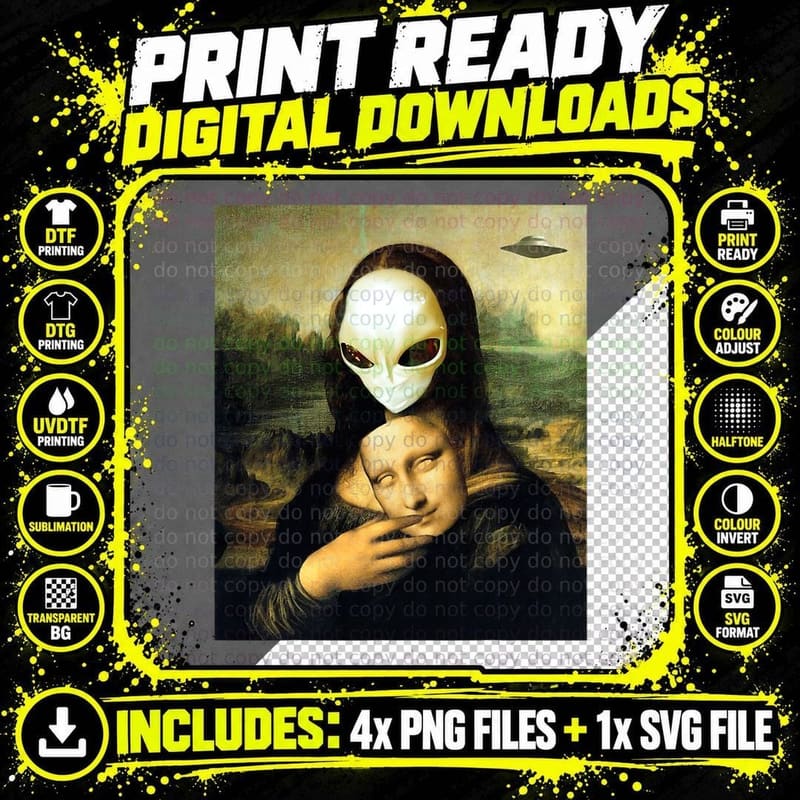 Mona Lisa Alien Funny Art Painting Artwork T-Shirt Png SVG Digital Bundle