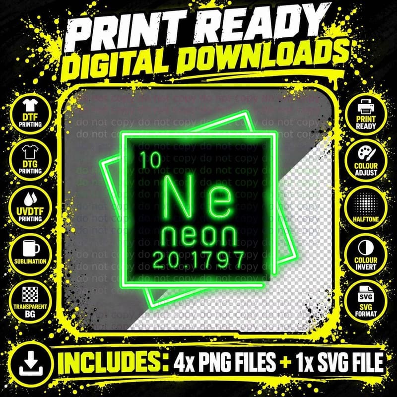 Neon Element of the Chemistry Periodic Table for Kids Png SVG Digital Bundle
