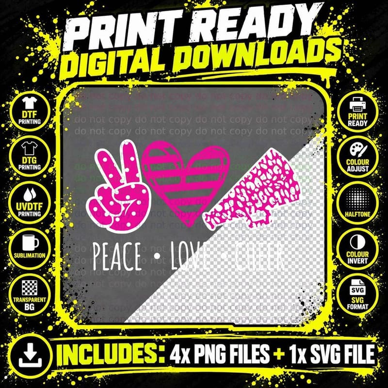 Peace Love Cheer Funny Cheerleader Quote Love Png SVG Digital Bundle