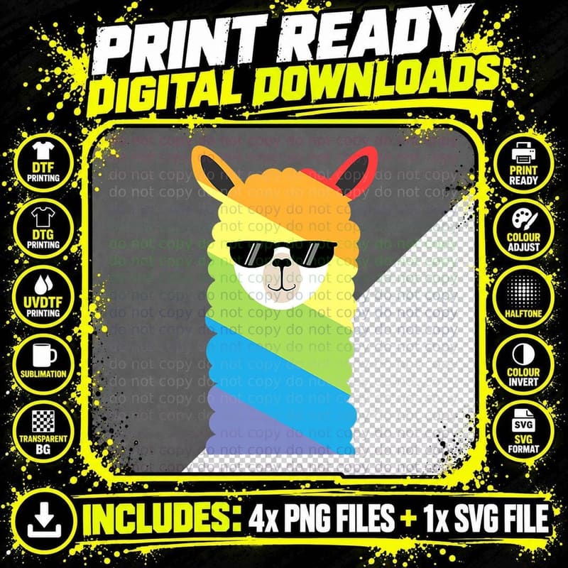 Rainbow Alpaca with Sunglasses Kids Funny Llama T-Shirt Png SVG Digital Bundle