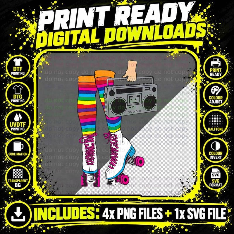 Retro Rollerskates Funny 80's Roller Disco Skating Girl Png SVG Digital Bundle