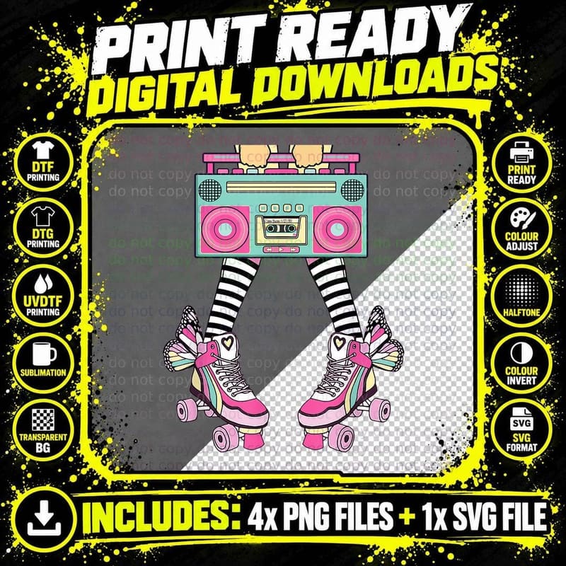 Retro Rollerskates Funny 80's Roller Disco Skating Girl Png SVG Digital Bundle