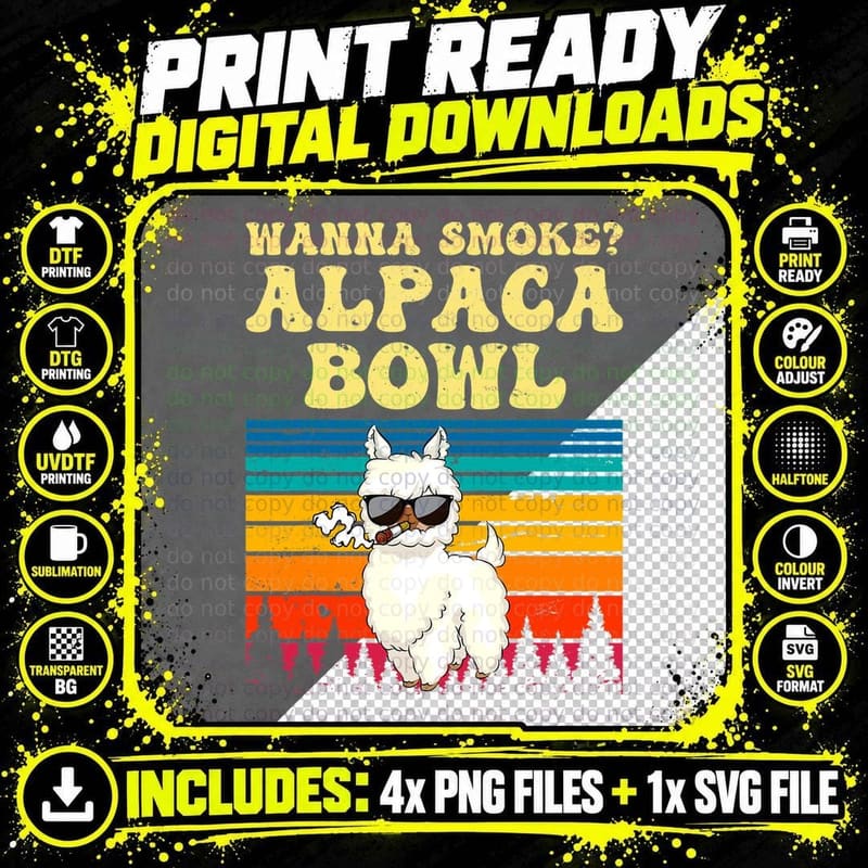 Wanna Smoke Alpaca Bowl Weed Funny Cannabis 420 Stoner Png SVG Digital Bundle