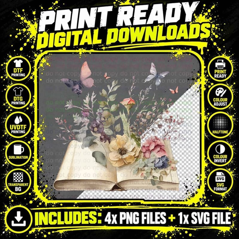 BOOKS GROW YOUR MIND Flowers Growing from Book Reader Png SVG Digital Bundle