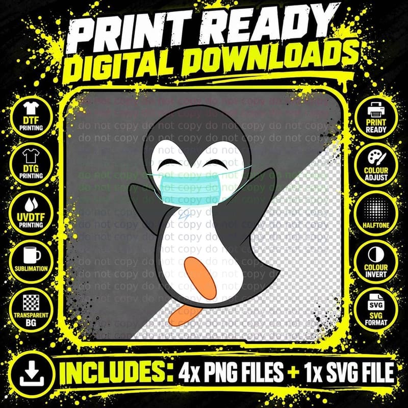 Cute Penguin with Face Mask Funny Gift for Animal Lovers Png SVG Digital Bundle