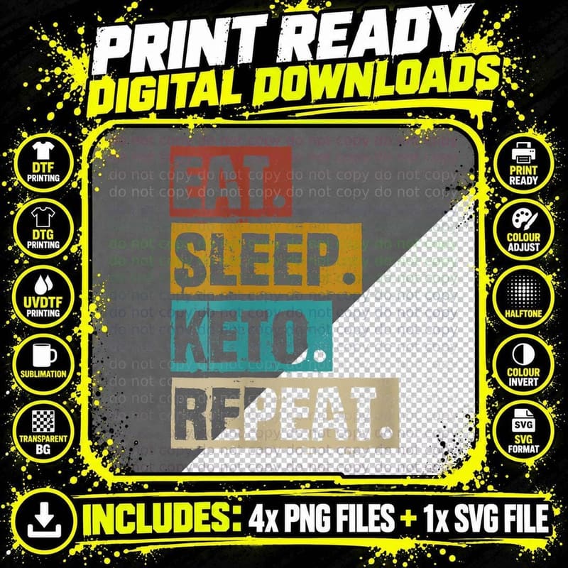Eat Sleep Keto Repeat - Vintage Diet Ketogenic Ketosis Png SVG Digital Bundle