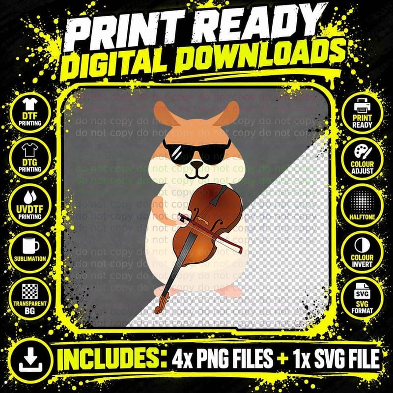 Funny Hamster Wearing Sunglasses Playing Violin T-Shirt Png SVG Digital Bundle