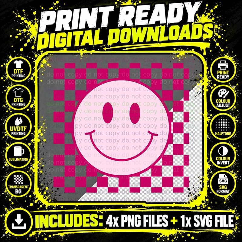 Funny Happy Face Shirt Checkered Pattern Smile Face Meme Png SVG Digital Bundle
