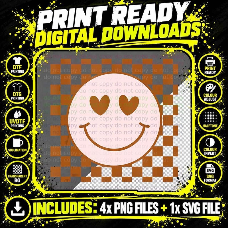 Funny Happy Face Shirts Checkered Pattern Smile Face Png SVG Digital Bundle